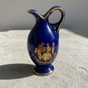 Vintage Japan Porcelain Miniature Pitcher/Vase Cobalt Blue Gold Figural Detail
